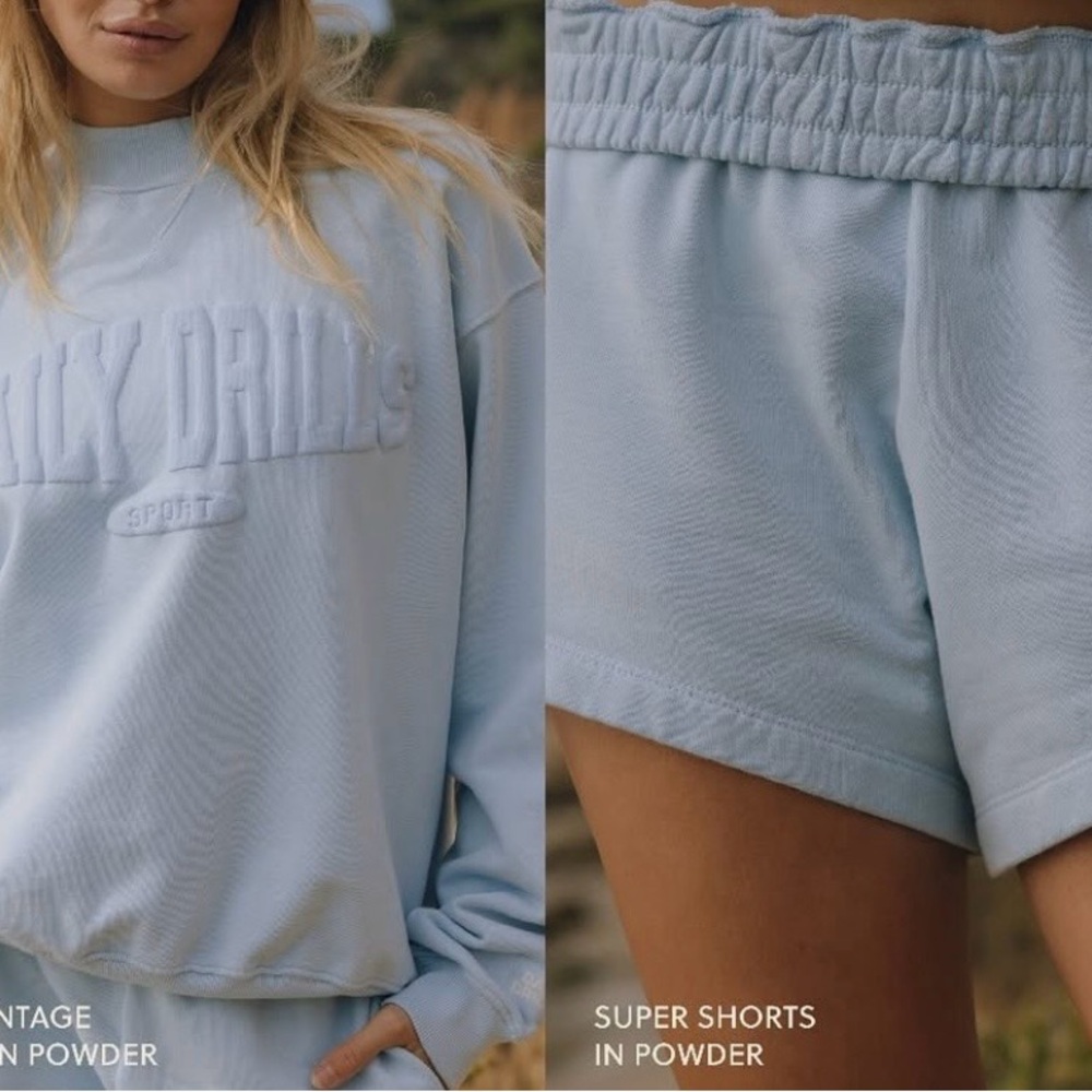 Daily Drills Set. Oversized Vintage Sport Crew & Super Shorts in Powder. Sz:M/L